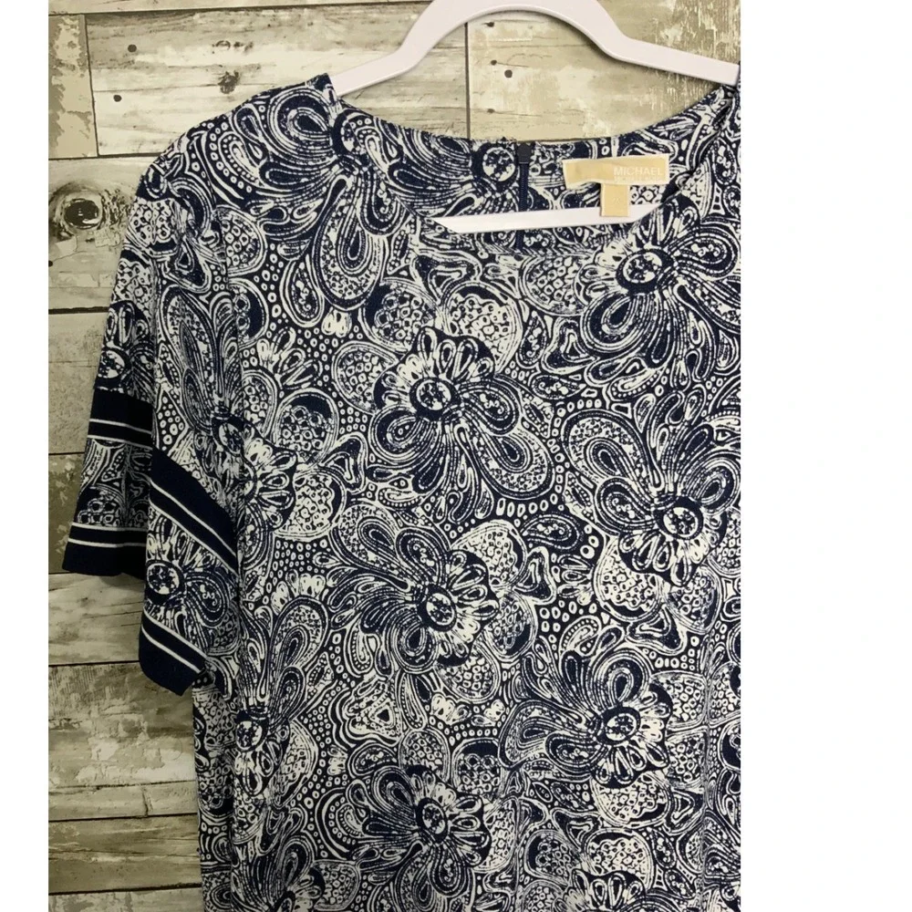 Michael Kors Womens Blue Paisley Print Short Sleeve Dress Back Zip‎ Size 2X